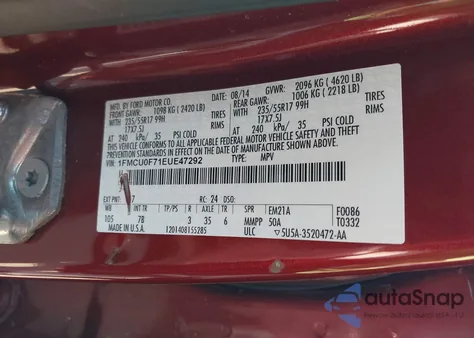 2014 Ford Escape S z USA, uszkodzony, nr VIN 1FMCU0F71EUE47292